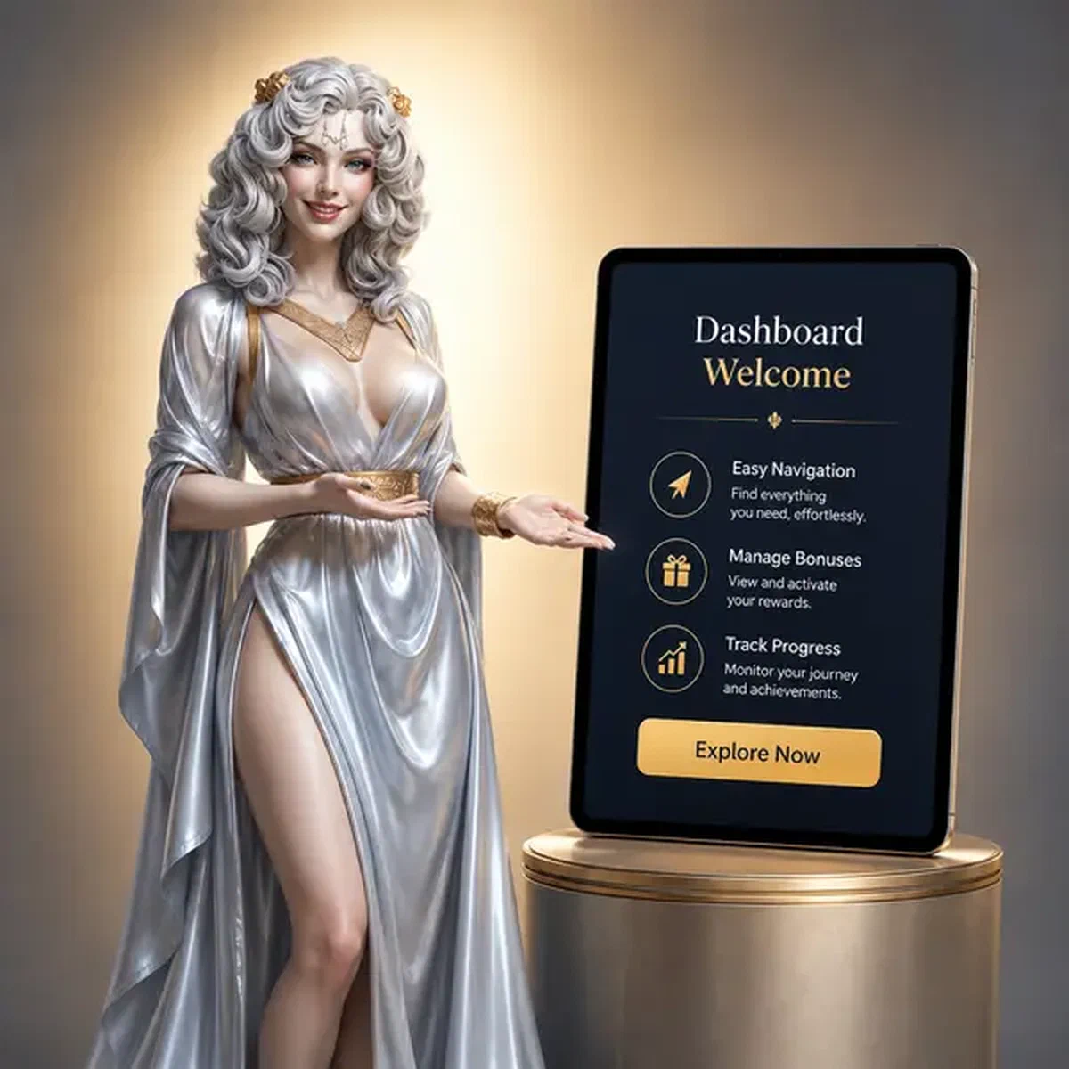 Elegante Gastgeberin deutet auf Win Aura Casino Dashboard für reibungslosen Spieler-Login-Zugang