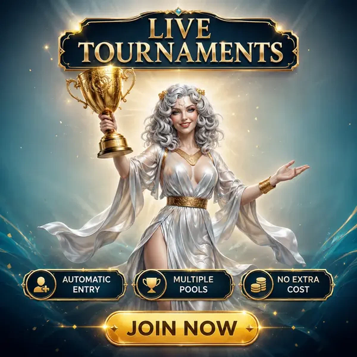 Göttin hält goldene Trophäe bei Win Aura Live-Casino-Turnierfeier