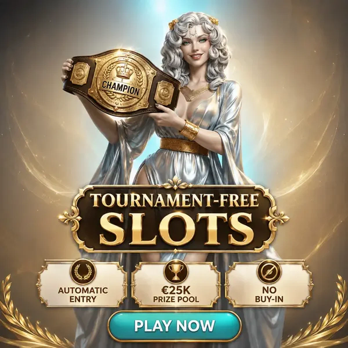 Strahlende Gastgeberin präsentiert turnierfähige Spielautomaten im Win Aura Casino mit goldenem Meisterschaftsgürtel