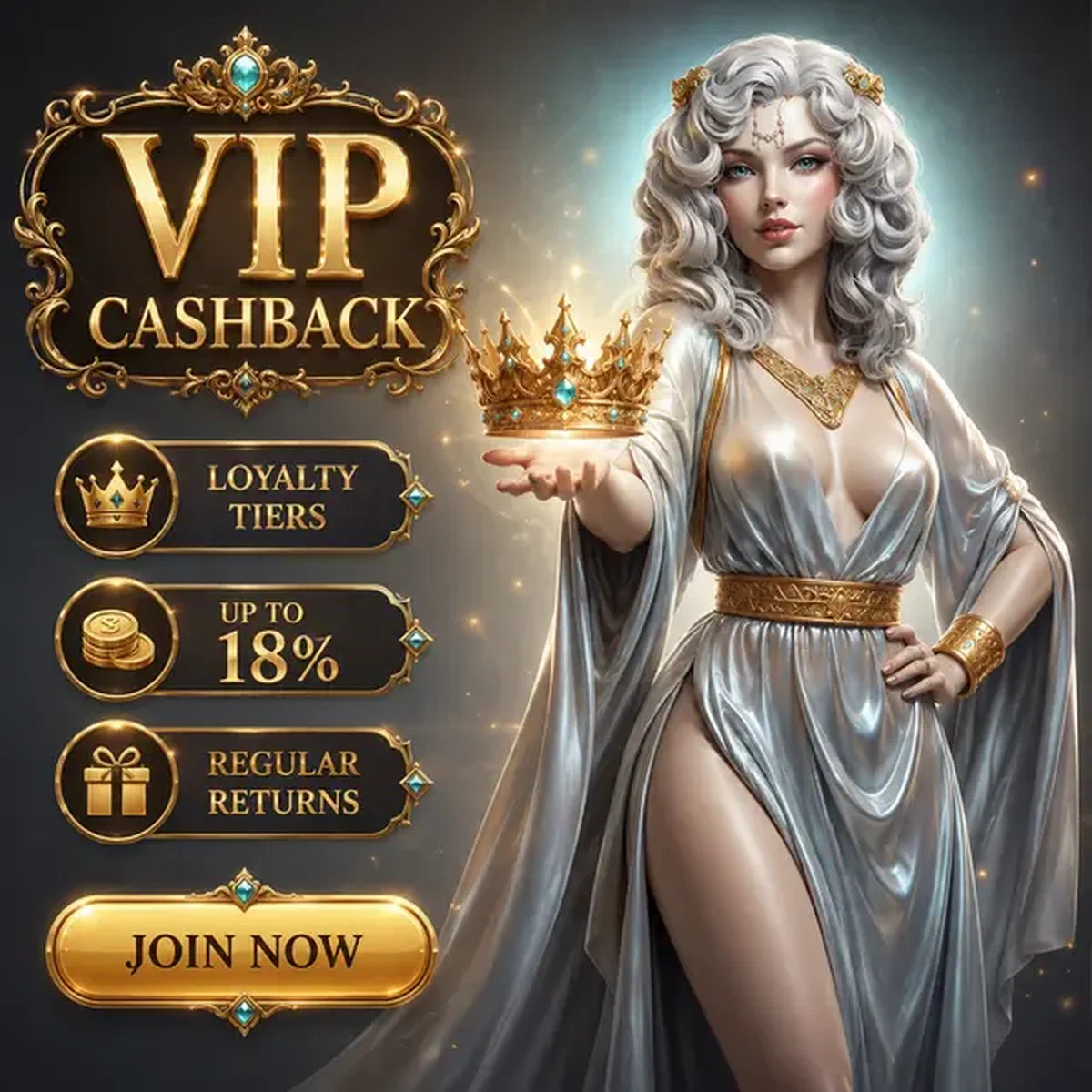 Göttin präsentiert VIP-Cashback-Krone mit goldenen Bonus-Belohnungen im luxuriösen Spielpalast