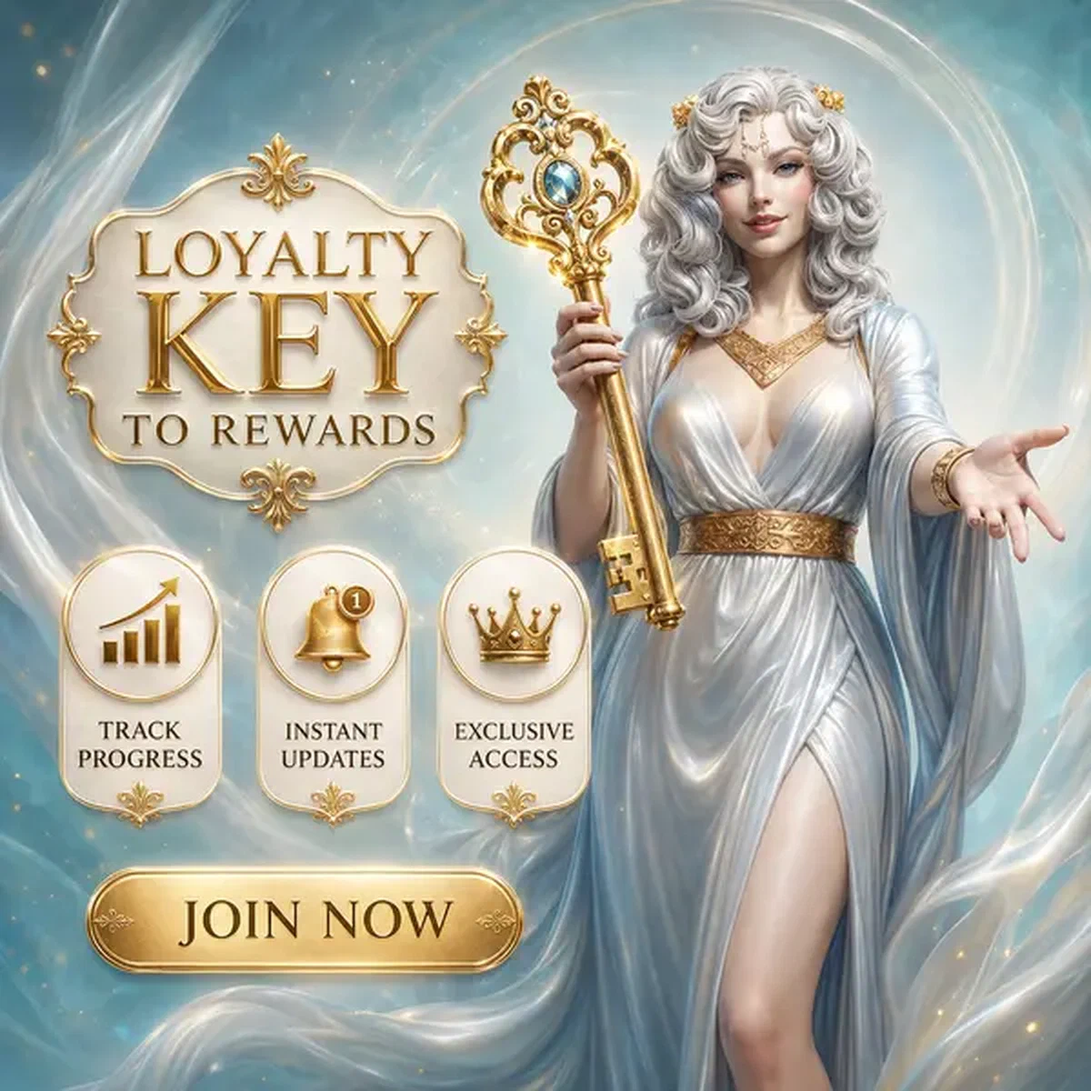 Hostess präsentiert goldenen Treue-Schlüssel an Win Aura Casino App mobiler Oberfläche