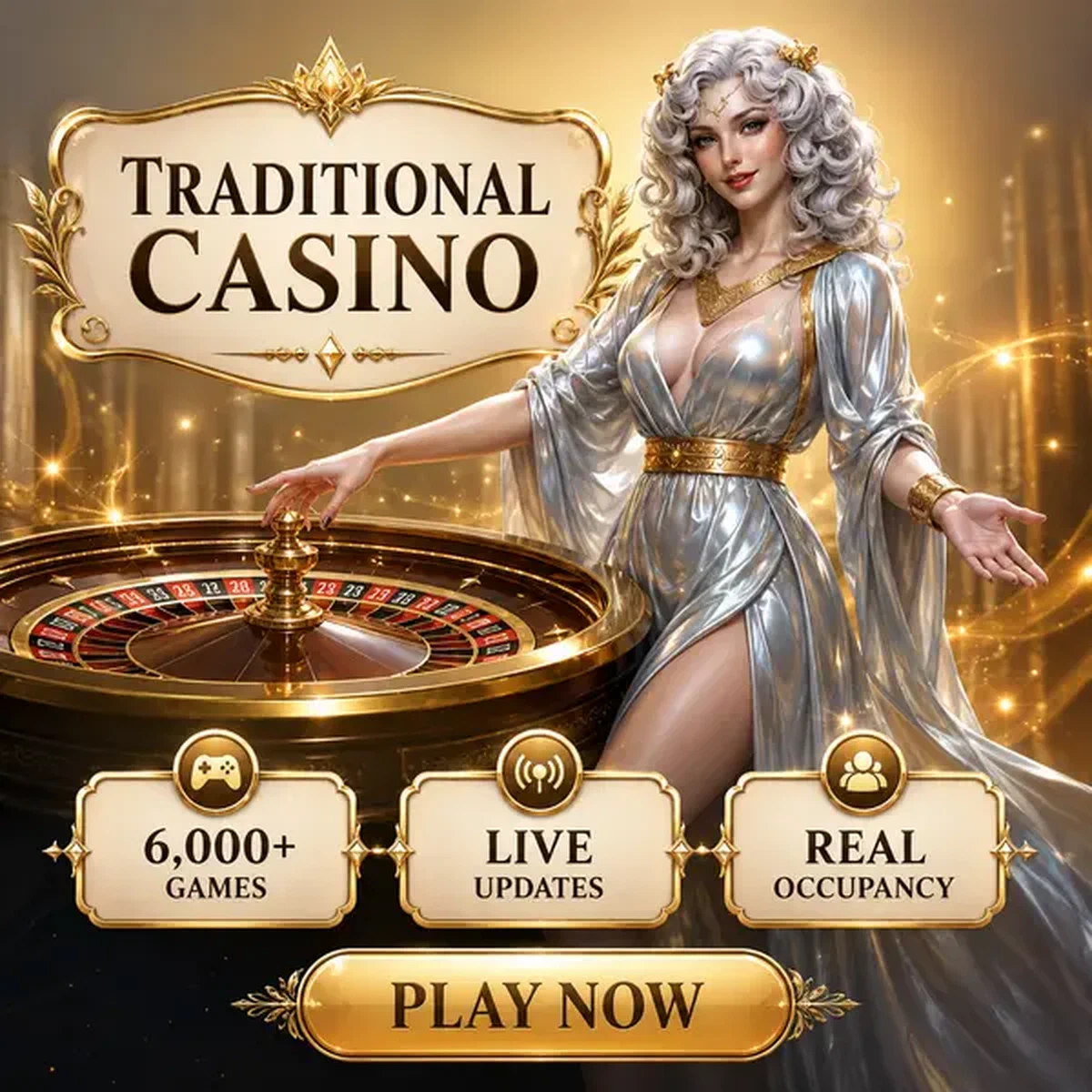 Elegante Göttin präsentiert traditionelles Casino-Roulette bei Win Aura Casino Games