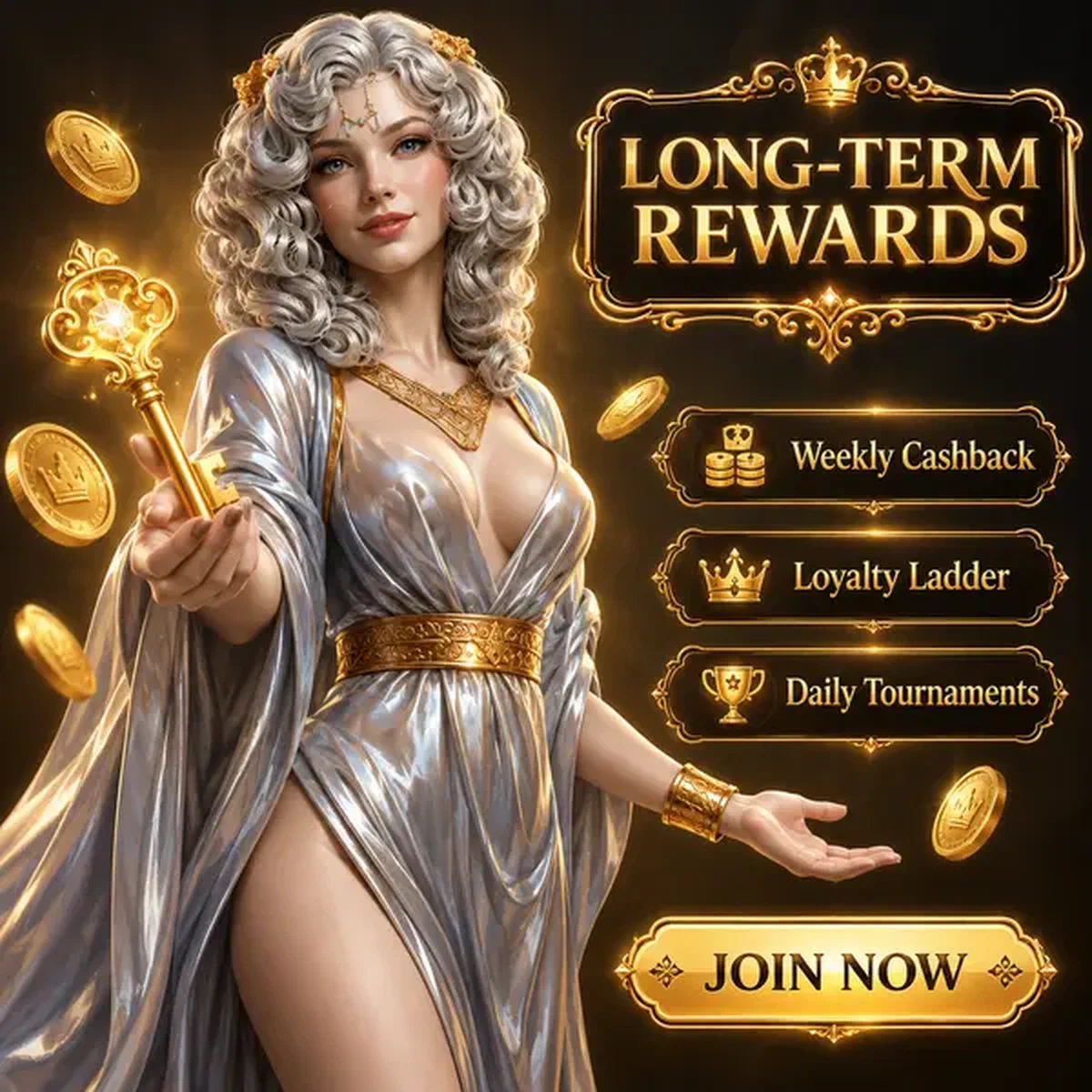 Göttin hält goldenen Schlüssel zum Win Aura No Deposit Bonus Belohnungssystem