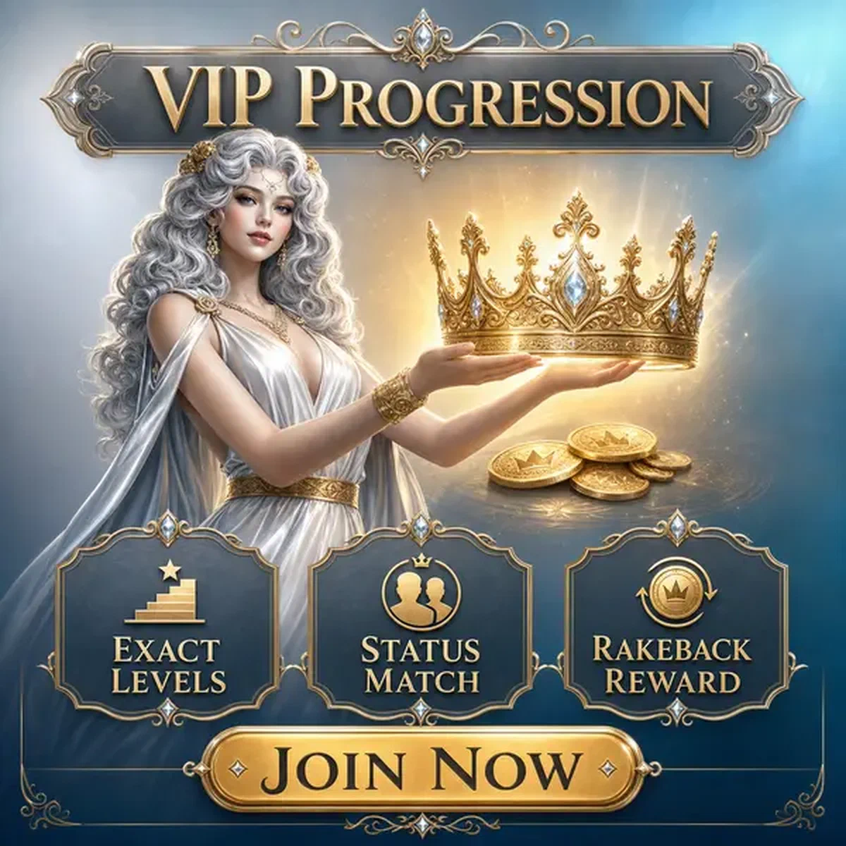 VIP-Hostess präsentiert goldene Krone bei Win Aura, während sich neuer Spieler für exklusive Belohnungen anmeldet
