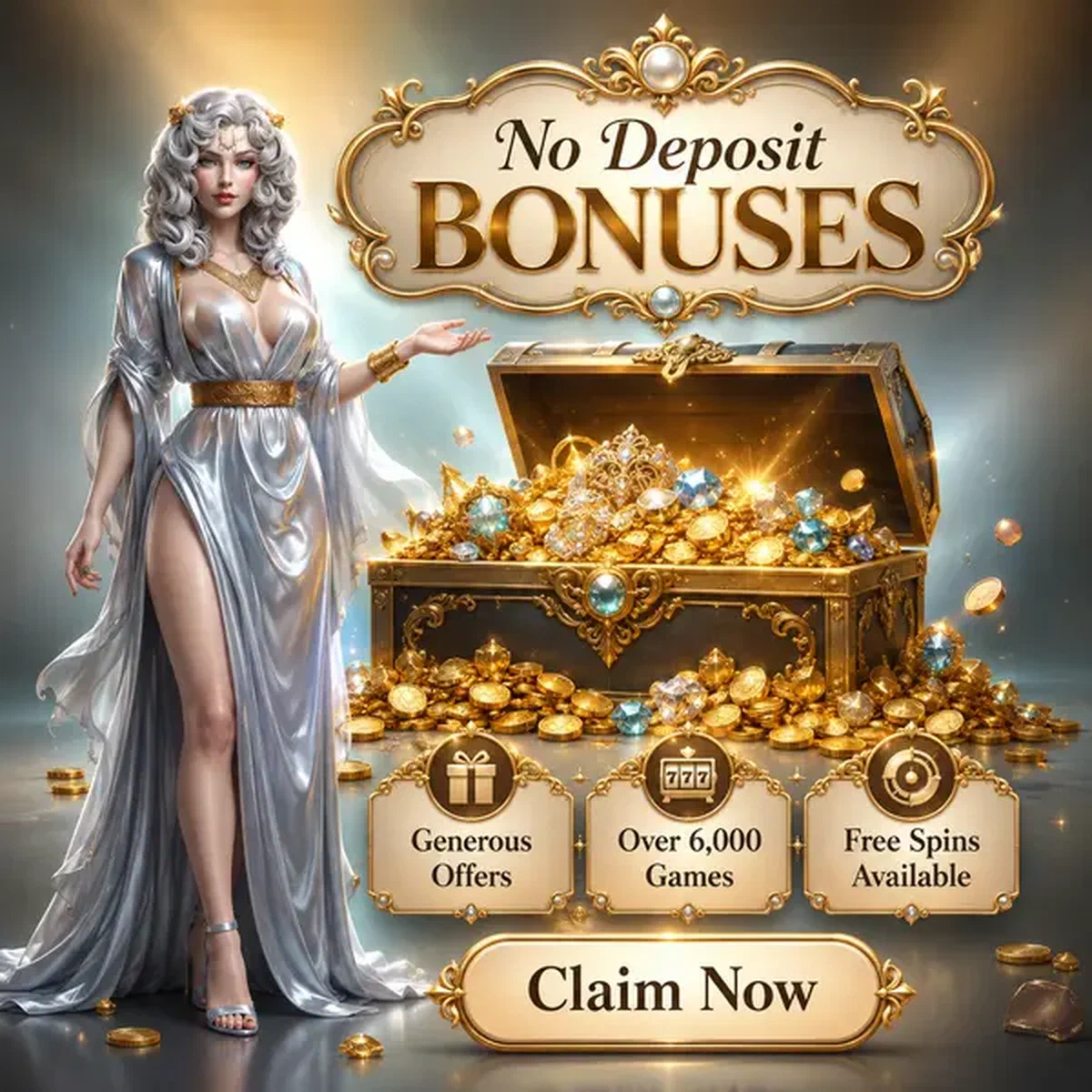 No Deposit Bonus Schatztruhe überläuft bei Win Aura, während großzügige Gastgeberin Spieler willkommen heißt
