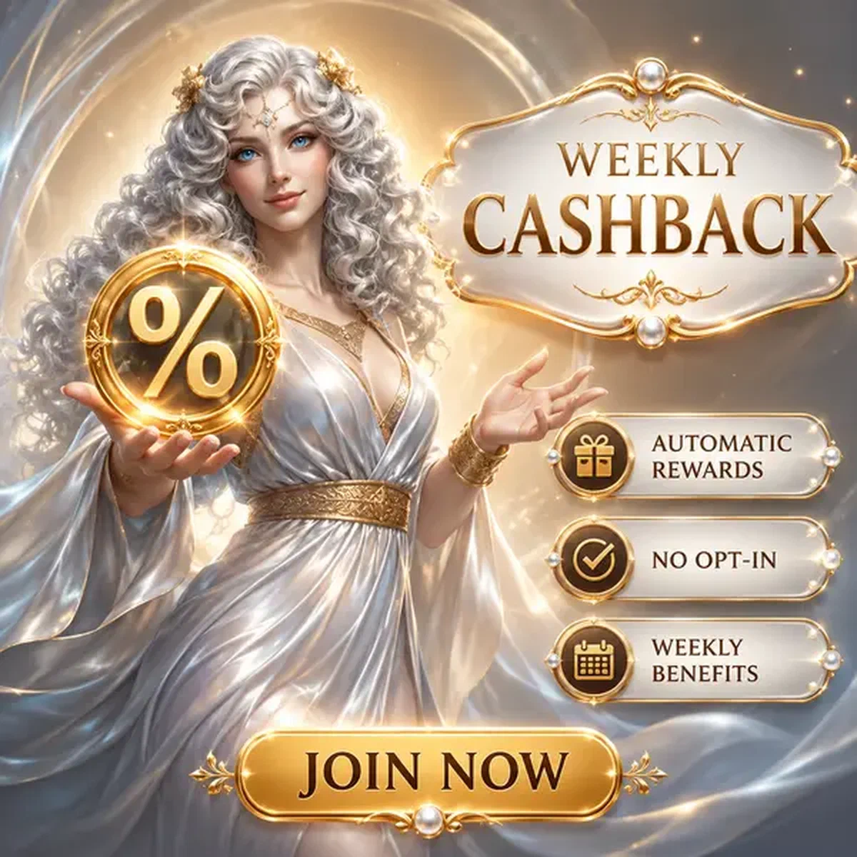 Elegante Gastgeberin präsentiert Weekly Cashback-Belohnungen in strahlender Casino-Lobby