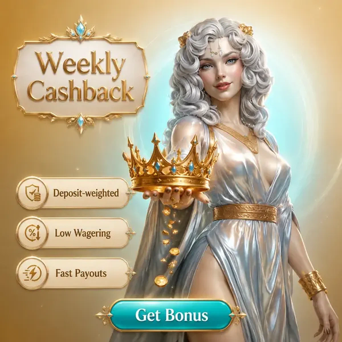 Elegante Gastgeberin präsentiert wöchentliche Cashback-Belohnungen in luxuriöser Spielautomaten-Spielhalle
