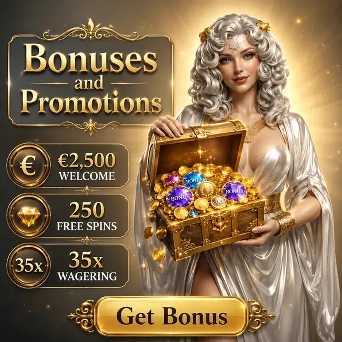 Göttin präsentiert Bonus-Schatztruhe bei Win Aura mit goldenen Münzen und Edelsteinen