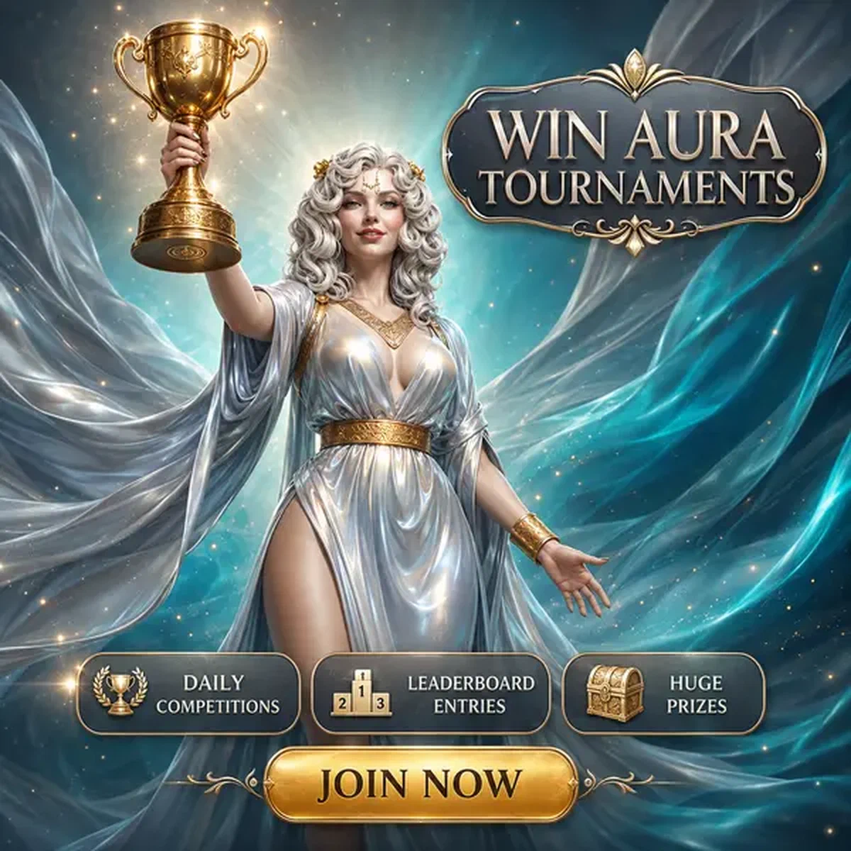 Göttin hält goldene Trophäe bei Win Aura Turnieren Wettbewerbe Siegesfeier