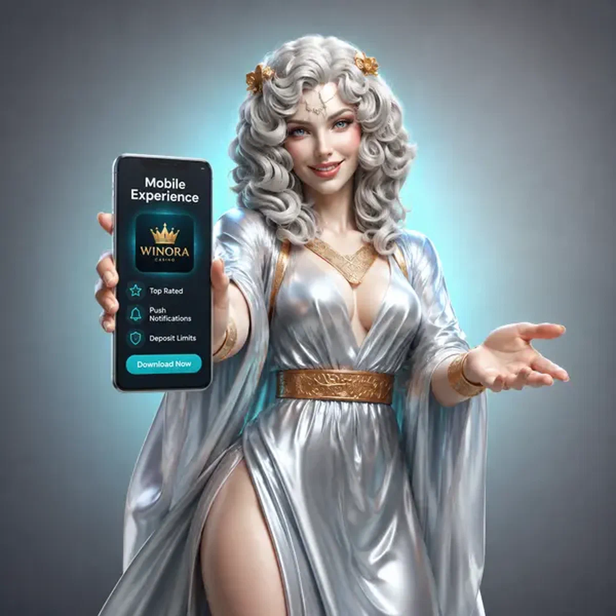 Win Aura mobile App leuchtet auf Smartphone-Bildschirm mit Download-Oberfläche