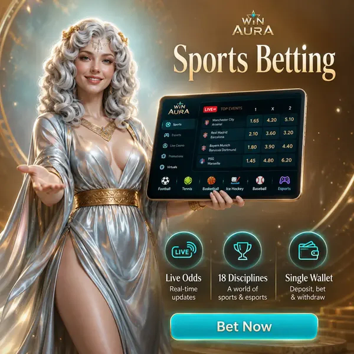 Göttin präsentiert Sportwetten-Quoten auf leuchtendem Tablet am Win Aura Willkommensportal